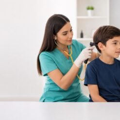 Fonoaudióloga realizando otoscopía a un niño con insumos de audición Comunicare