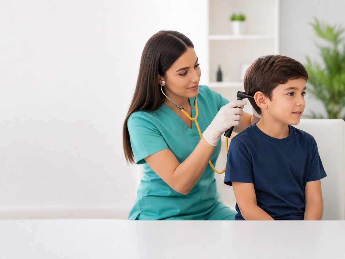 Fonoaudióloga realizando otoscopía a un niño con insumos de audición Comunicare