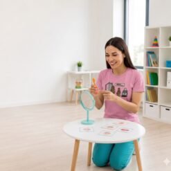 Fonoaudióloga con espejo y tarjetas de articulación FonoLovers para terapia de habla