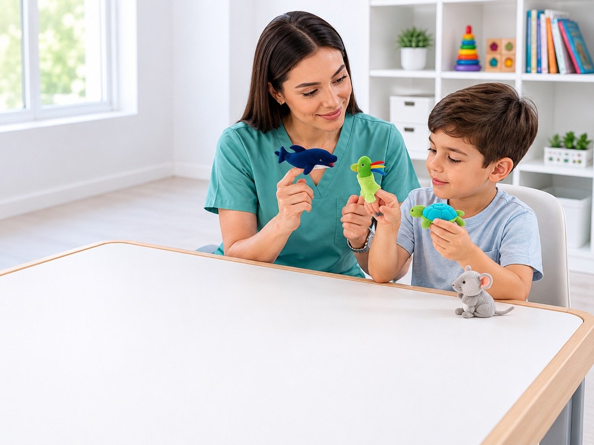 Fonoaudióloga y niño usando material de estimulación del lenguaje
