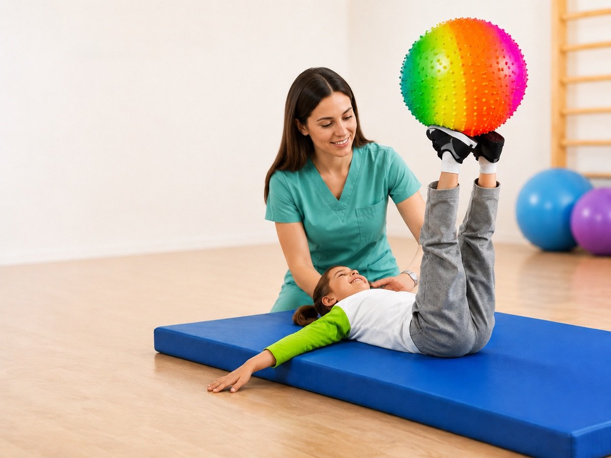 Terapeuta y niño con pelota sensorial en sesión de integración sensorial