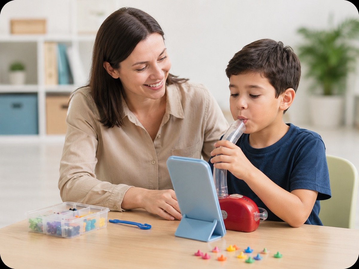 Niño realizando ejercicio de soplo con herramienta TalkTools en terapia miofuncional