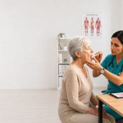 Fonoaudióloga evaluando la deglución de una adulta mayor con disfagia