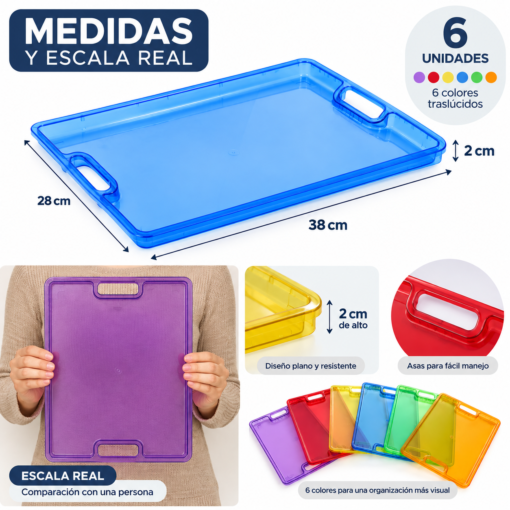 bandejas-clasificacion-infantil-6-colores-38x28.-2 Bandejas traslúcidas 6 unidades 38 x 28 x 2 cm